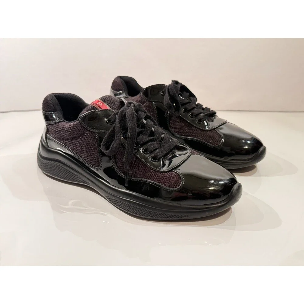 Prada Mens Americas Cup Black Patent Leather Mesh Lace-Up Sneakers US 7